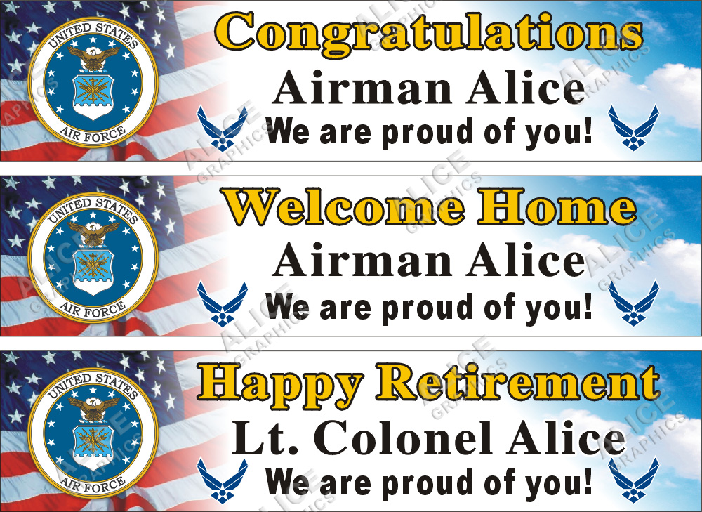 22inX96in Custom Personalized Congratulations Airman US Air Force Basic Military Training (BMT) Graduation, Welcome Home, or Happy Retirement Party Vinyl Banner Sign