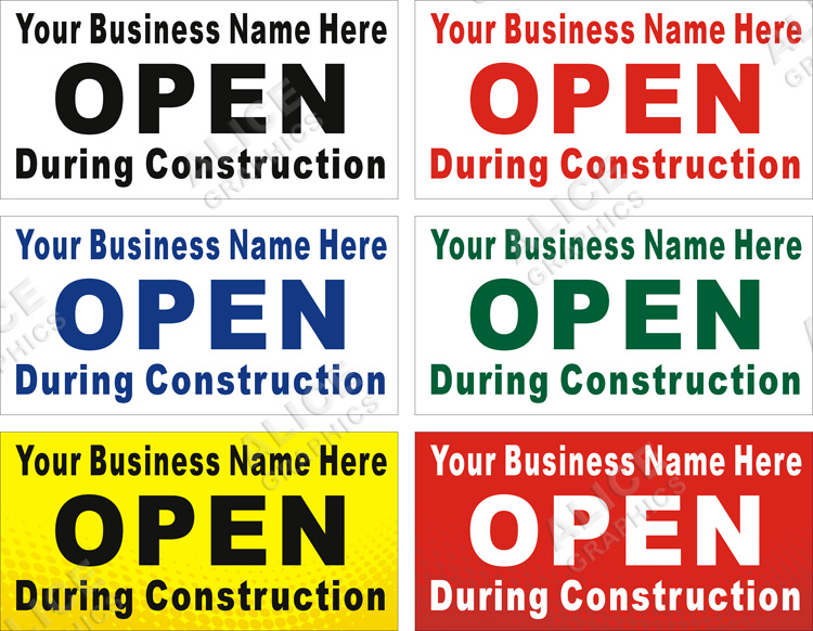 22inX44in Custom Printed OPEN During Construction Vinyl Banner Sign with Your Business Name