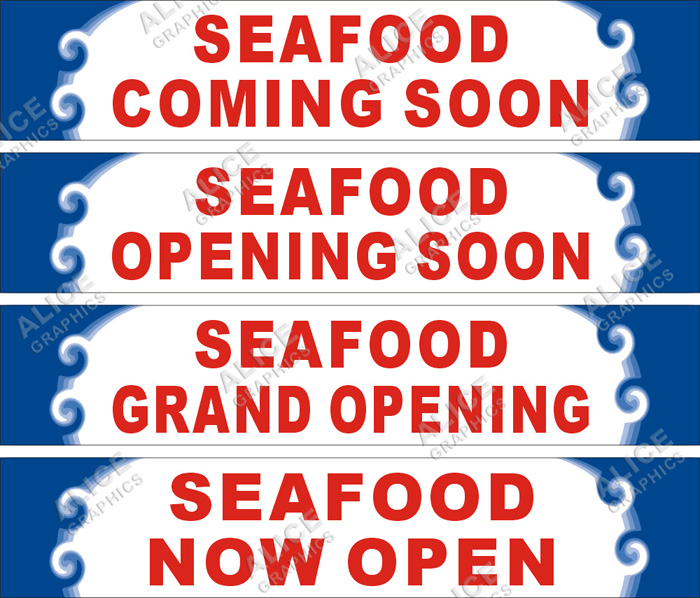 22inX110in SEAFOOD COMING SOON, OPENING SOON, GRAND OPENING, NOW OPEN ( Seafood, Japanese ) Restaurant Banner Sign