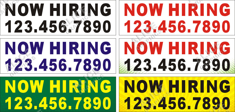 22inX72in (28inX92in, or 36inX118in) Custom Printed NOW HIRING Vinyl Banner Sign with Your Phone Number