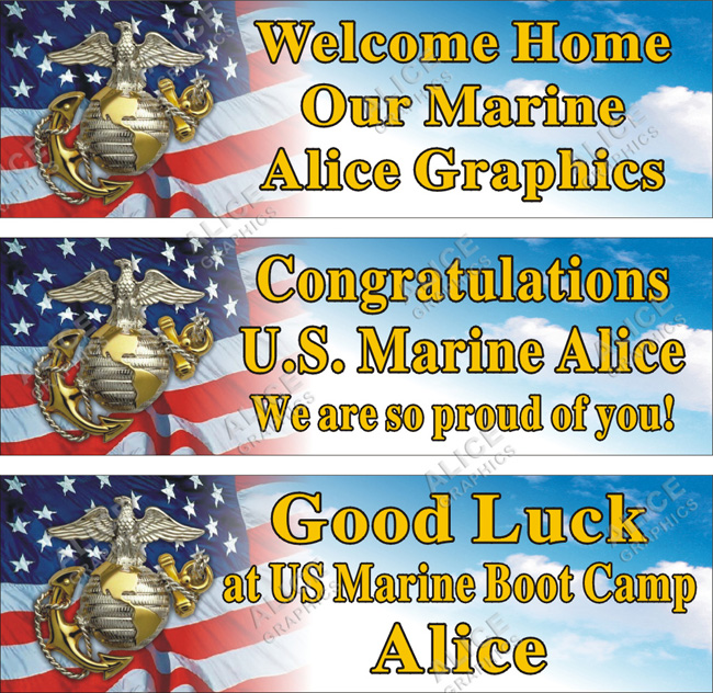22inX72in (28inX92in, or 36inX118in) Custom Personalized U.S. ( US ) Marine Welcome Home, Congratulations Boot Camp Graduation, or Good Luck at the Boot Camp Goodbye Farewell Party Vinyl Banner Sign