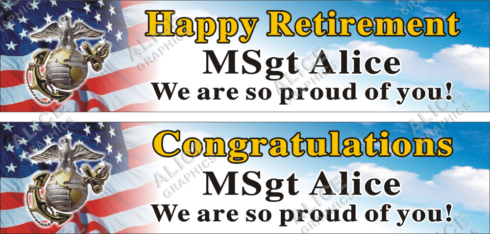 22inX96in Custom Personalized U.S. (US) Marine Corps Happy Retirement (or Congratulations) Party Vinyl Banner Sign