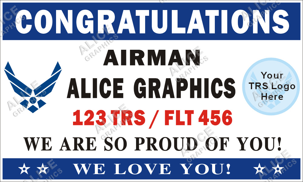 36inX60in Custom Personalized Congratulations Airman US ( U.S. ) Air Force Basic Military Training ( BMT ) Graduation Vinyl Banner Sign with Air Force and TRS Logo