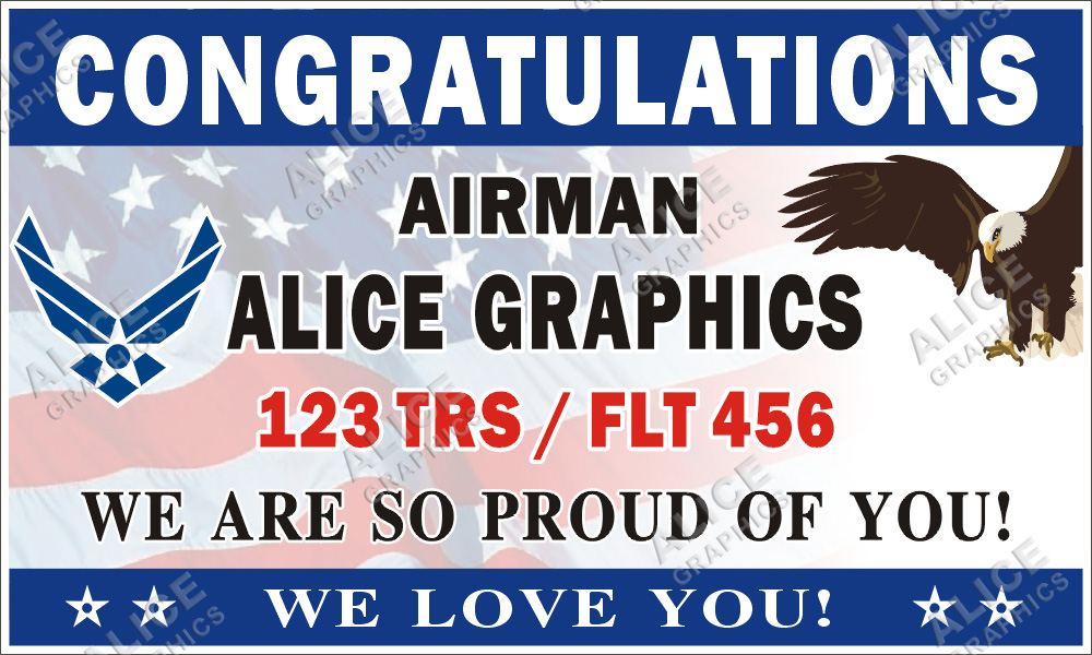 36inX60in Custom Personalized Congratulations Airman U.S. ( US ) Air Force Basic Military Training ( BMT ) Graduation Vinyl Banner Sign (Flag BG)