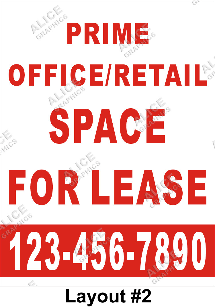 Design #6 Alice Graphics 36 X 96 Custom Printed Office Space for Lease Banner Sign with Your Phone Number