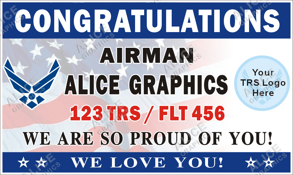 3ftX5ft (or 28inX46in) Custom Personalized Congratulations Airman U.S. ( US ) Air Force Basic Military Training ( BMT ) Graduation Vinyl Banner Sign with Your TRS Logo (Flag BG)