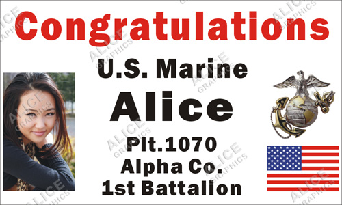 36inX60in Custom Personalized Congratulations U.S. (US) Marine Corps Boot Camp Basic Military Training Graduation Vinyl Banner Sign with Your Photo and US Marine Logo