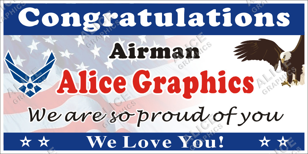22inX44in (28inX56in, or 36inX72in) Custom Personalized Congratulations Airman US Air Force Basic Military Training (BMT) Graduation Vinyl Banner Sign