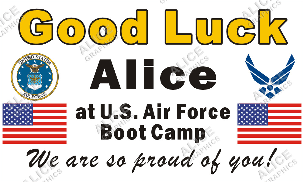 36inX60in Custom Personalized US Air Force Going Away Goodbye Farewell Deployment Party Vinyl Banner Sign - Good Luck At U.S. Air Force Boot Camp (Air Force Seal and Symbol)