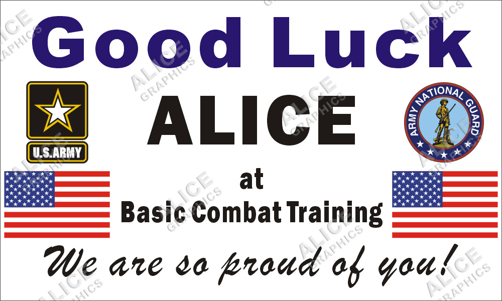 3ftX5ft (or 28inX46in) Custom Personalized Good Luck at Basic Combat Training Army National Guard (ARNG) Vinyl Banner Sign (Army Logo and Army National Guard Seal)