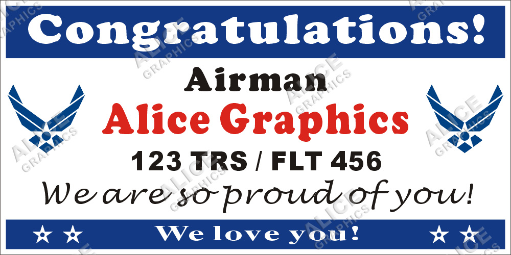 22inX44in (28inX56in, or 36inX72in) Custom Personalized Congratulations Airman US Air Force Basic Military Training (BMT) Graduation Vinyl Banner Sign or Welcome Home Vinyl Banner Sign (2 USAF Logos)
