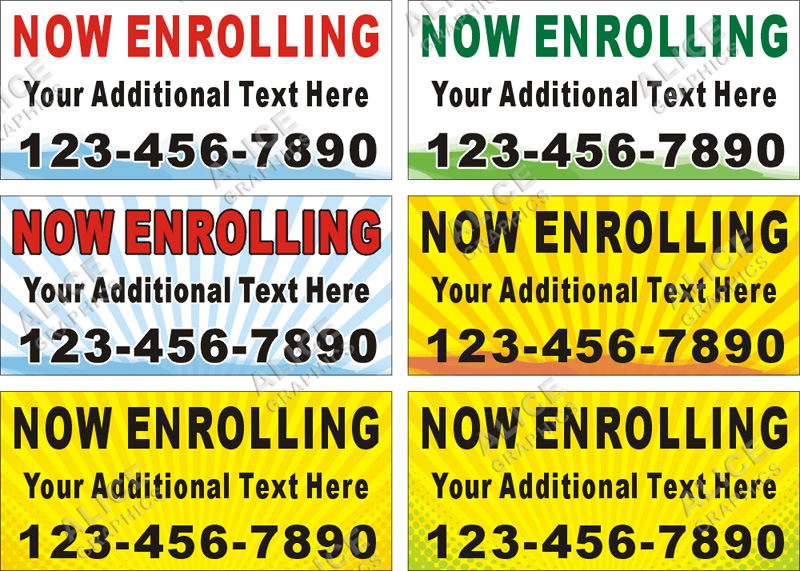 22inX48in Custom Printed NOW ENROLLING Vinyl Banner Sign with Your Phone Number and Additional Text