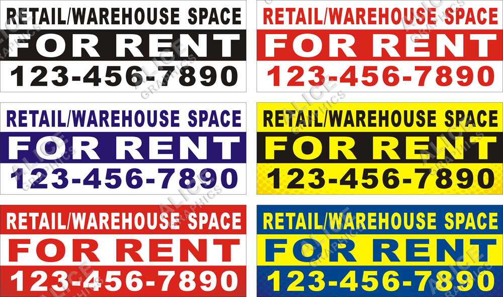 36inX96in Custom Printed RETAIL/WAREHOUSE SPACE FOR RENT Vinyl Banner Sign with Your Phone Number