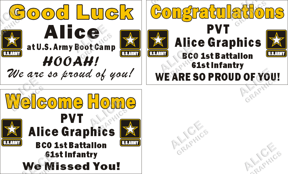 3ftX5ft (or 28inX46in) Custom Personalized US Army Good Luck at Boot Camp, Congratulations Army Basic Military Training Boot Camp Graduation, or Welcome Home Party Vinyl Banner Sign (w/ 2 Logos)