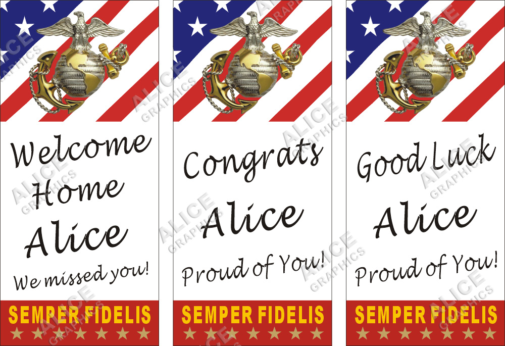 22inX48in (28inX61in, or 36inX78in) Custom Personalized U.S. (US) Marine Welcome Home, Congratulations Marine Boot Camp Graduation, or Good Luck at US Marine Boot Camp Going Away Goodbye Farewell Deployment Party Banner Sign (Vertical)