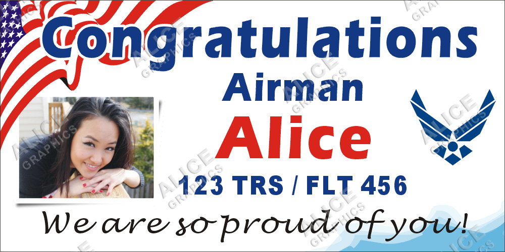 22inX44in (28inX56in, or 36inX72in) Custom Personalized Congratulations Airman US Air Force Basic Military Training (BMT) Graduation Vinyl Banner Sign with Your Photo