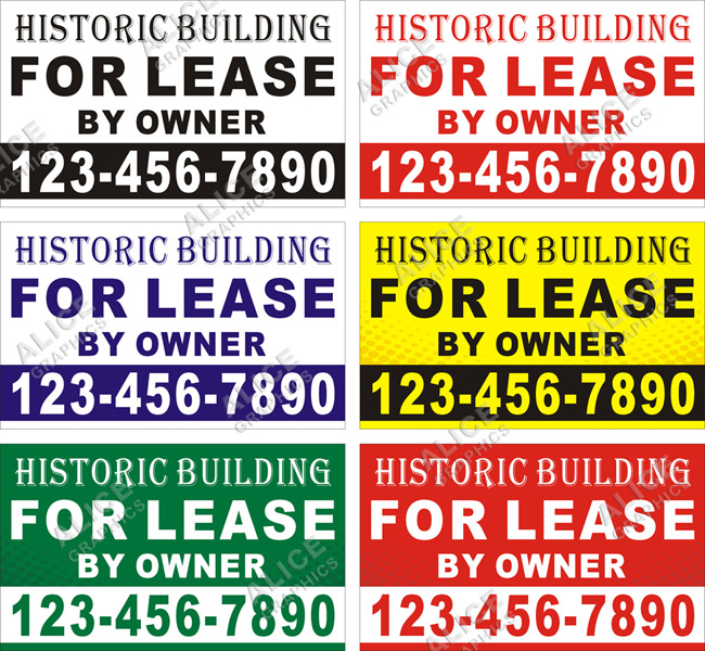 36inX60in Custom Printed HISTORIC BUILDING FOR LEASE BY OWNER Vinyl Banner Sign with Your Phone Number