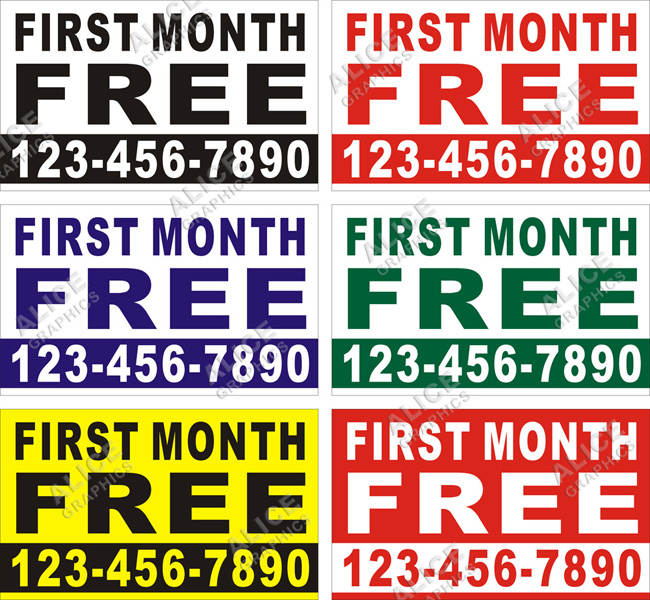 36inX60in Custom Printed FIRST MONTH FREE (Rent Apartment, Storage) Vinyl Banner Sign with Your Phone Number