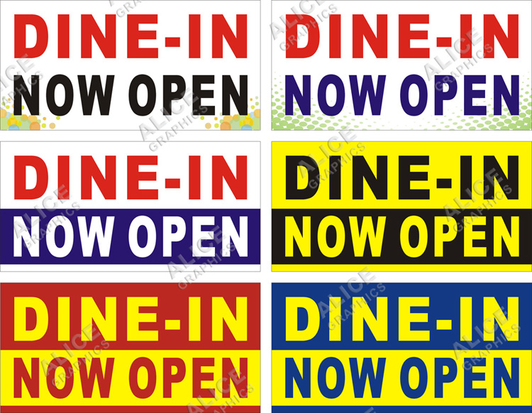 22inX44in (28inX56in, or 36inX72in) DINE-IN (Dine In) NOW OPEN Vinyl Banner Sign