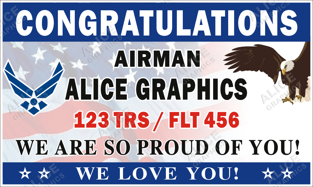 36inX60in Custom Personalized Congratulations Airman US Air Force Basic Military Training ( BMT ) Graduation Vinyl Banner Sign (Flag BG)
