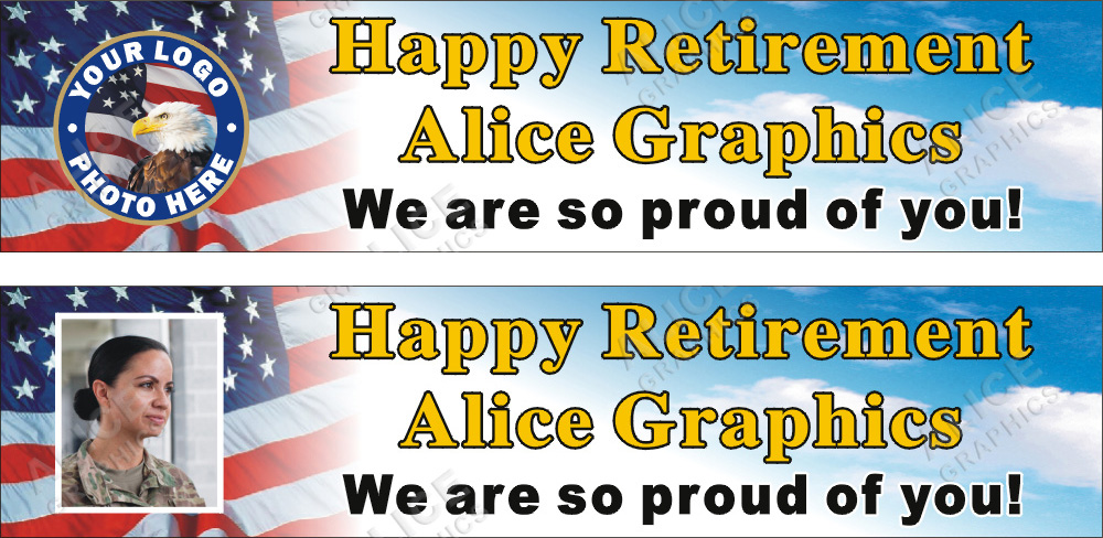22inX96in Custom Personalized Military Happy Retirement Party Vinyl Banner Sign - US Army, Navy, Marine Corps, Air Force, Space Force, Coast Guard