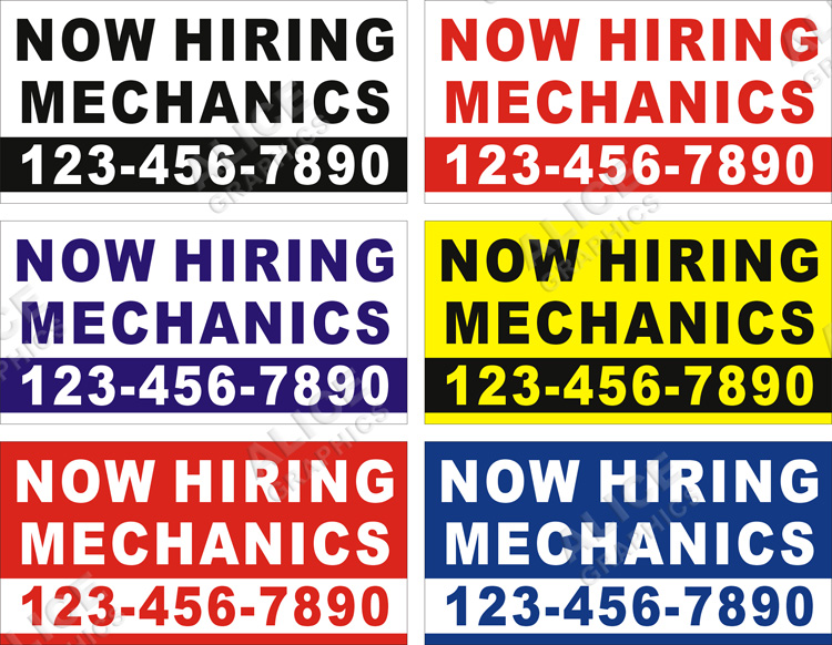 22inX44in Custom Printed NOW HIRING MECHANICS Vinyl Banner Sign with Your Phone Number
